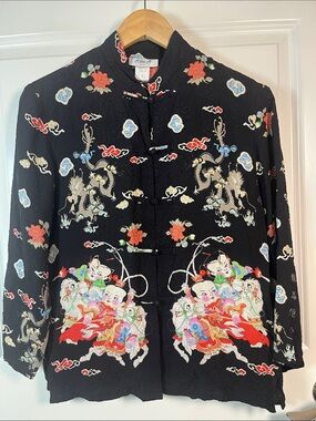 Aria A 100% Silk Asian Print Button Front Shirt Blouse, vintage, small, black